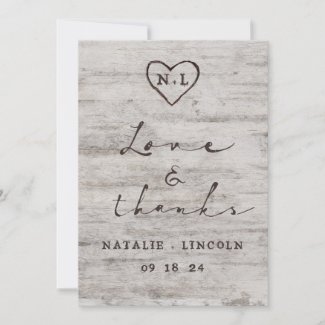 Carved Sweethearts Rustic Wedding Love and Thanks Thank You Card