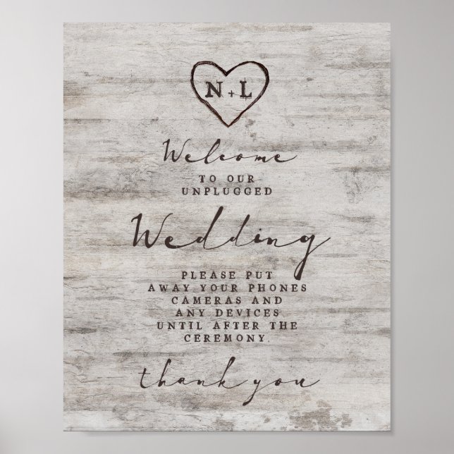 Carved Sweethearts Unplugged Wedding Table Sign (Front)