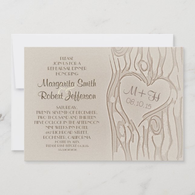 carved tree rustic rehearsal dinner invitations (Front)