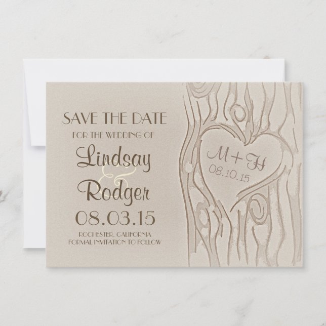 carved tree rustic save the date cards (Front)