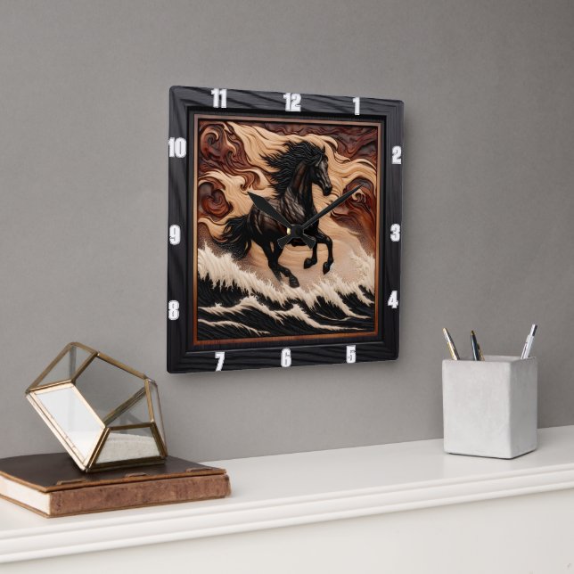 Carved Wave Galloping Wood Horse Clock (Office)