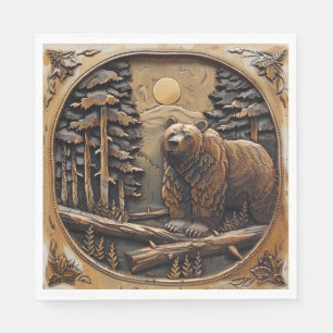 Carved Wood Bear Full Moon Pine Tree Forest Napkin