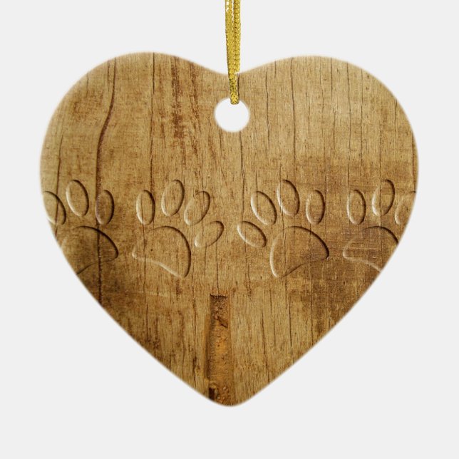 Carved Wood Dog Paw Print Ceramic Ornament (Front)