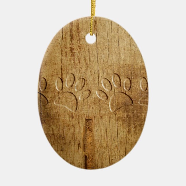Carved Wood Dog Paw Print Ceramic Ornament (Front)
