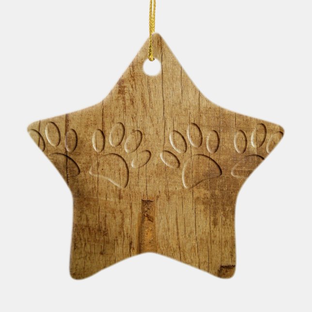 Carved Wood Dog Paw Print Ceramic Ornament (Front)