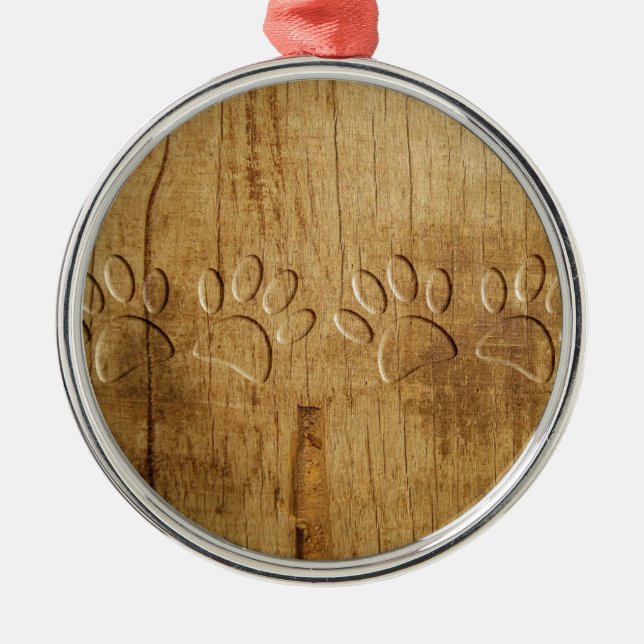 Carved Wood Dog Paw Print Metal Ornament (Front)
