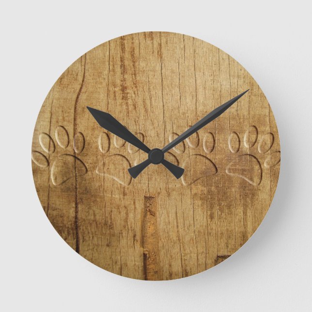 Carved Wood Dog Paw Print Round Clock (Front)