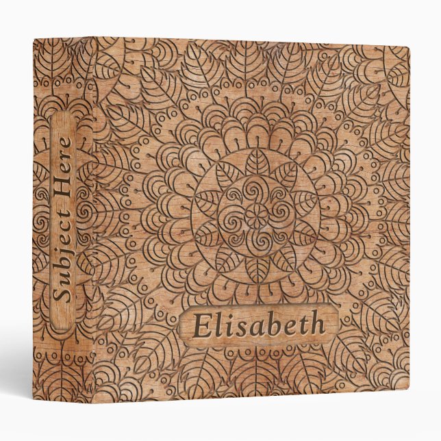 Carved Wood Floral Circles Mandala Add Name Binder (Front/Spine)