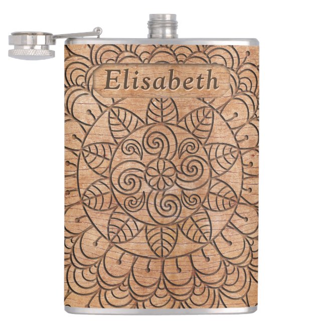 Carved Wood Floral Circles Mandala Personalized Hip Flask (Opened)