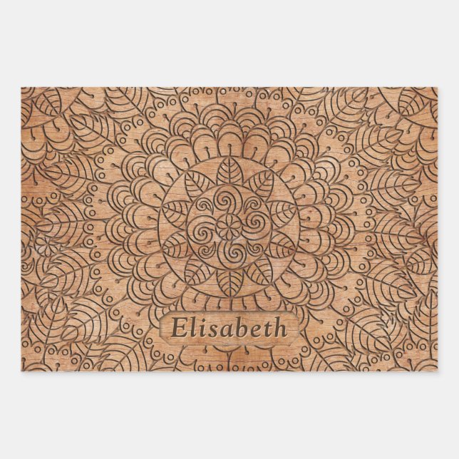 Carved Wood Floral Circles Mandala Personalized Wrapping Paper Sheet (Front)