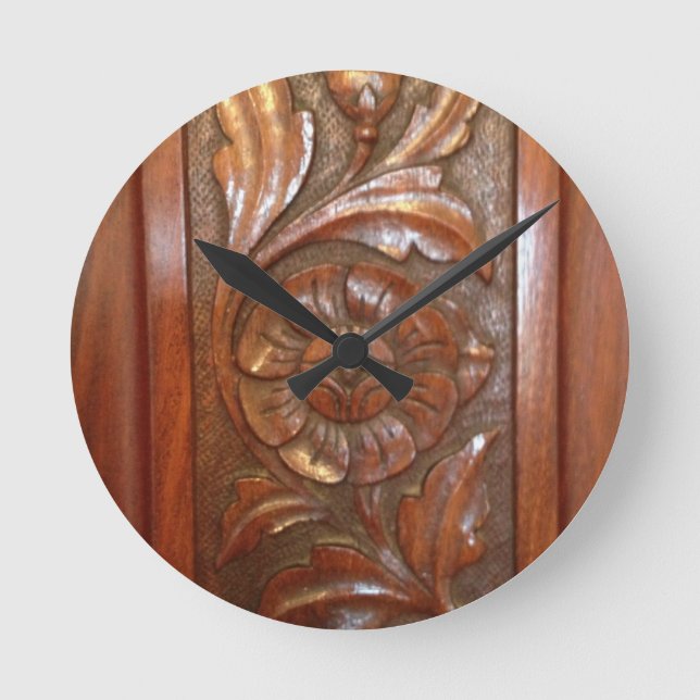 carved wood flower filigree pattern round clock (Front)
