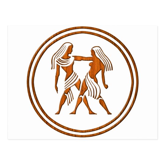 Carved Wood Gemini Zodiac Symbol Postcard