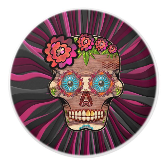 Carved-wood-look sugar skull w/ Floral Crown Ceramic Knob (Front)