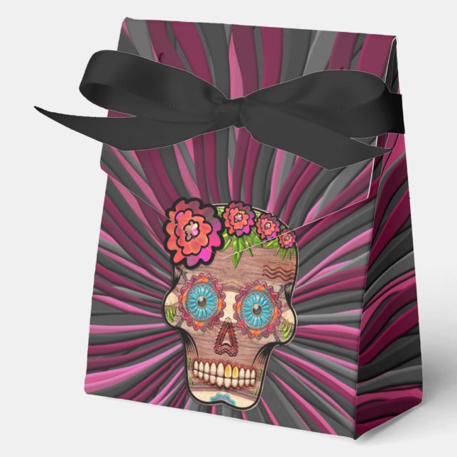 Carved-wood-look sugar skull w/ Floral Crown Favor Box (Front)