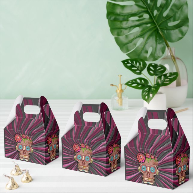 Carved-wood-look sugar skull w/ Floral Crown Favou Favor Box (Multiple)