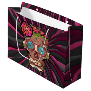 Carved-wood-look sugar skull w/ Floral Crown Large Gift Bag