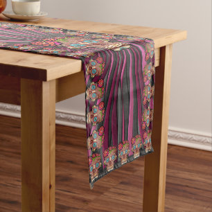 Carved-wood-look sugar skull w/ Floral Crown Long Table Runner
