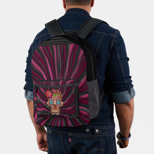 Carved-wood-look sugar skull w/ Floral Crown Printed Backpack (Insitu (Model))