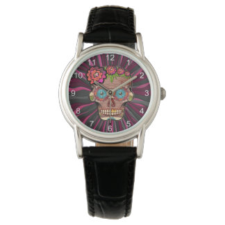 Carved-wood-look sugar skull w/ Floral Crown Watch