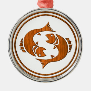 Carved Wood Pisces Zodiac Symbol Metal Ornament