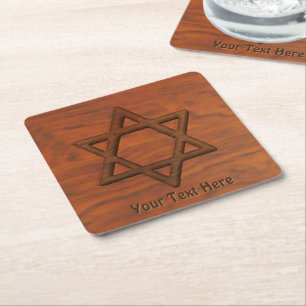Carved Wood Star Of David Square Paper Coaster