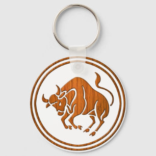 Carved Wood Taurus Zodiac Symbol Keychain