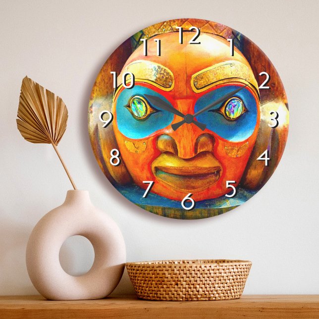 Carved wood totem face photo bold graphic colourfu large clock (Creator Uploaded)