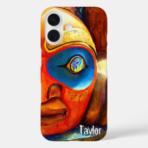 Carved Wood Totem Face Photo Custom Name Cool Bold iPhone 16 Case