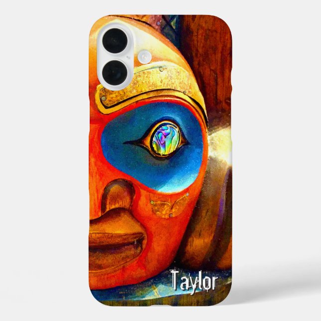 Carved Wood Totem Face Photo Monogram Name Bold Case-Mate iPhone Case (Back)