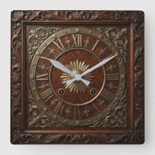 Carved Wood Victorian Sun Motif Square Wall Clock