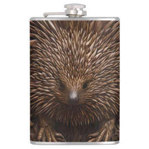 Carved Wooden Australian Echidna Print, Hip Flask