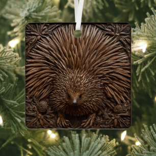 Carved Wooden Australian Echidna Print, Metal Ornament