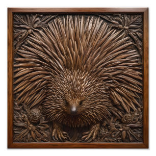 Carved Wooden Australian Echidna Print, Photo Print