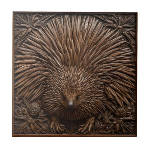 Carved Wooden Australian Echidna Print, Tile