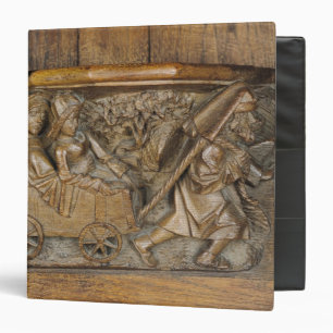 Carving depicting a couple in cart pulled by a binder