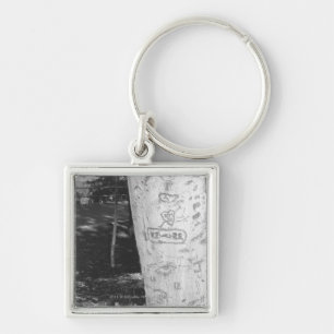 Carving on birch tree trunk B&W Keychain