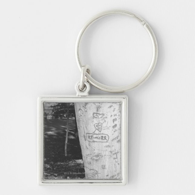 Carving on birch tree trunk B&W Keychain (Front)