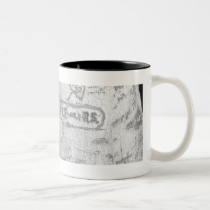 Carving on birch tree trunk B&W Two-Tone Coffee Mug