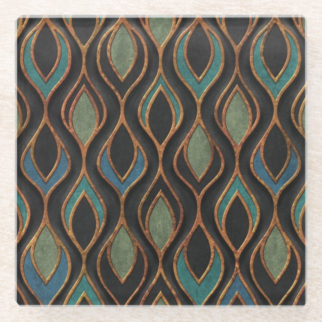 Carving Waves: Bronze Copper Texture Glass Coaster (Front)