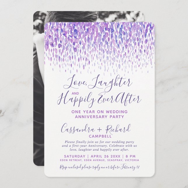 Cascade purple watercolor 1 year on wedding party invitation (Front/Back)