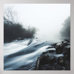 Cascade waterfall on foggy mystical morning poster