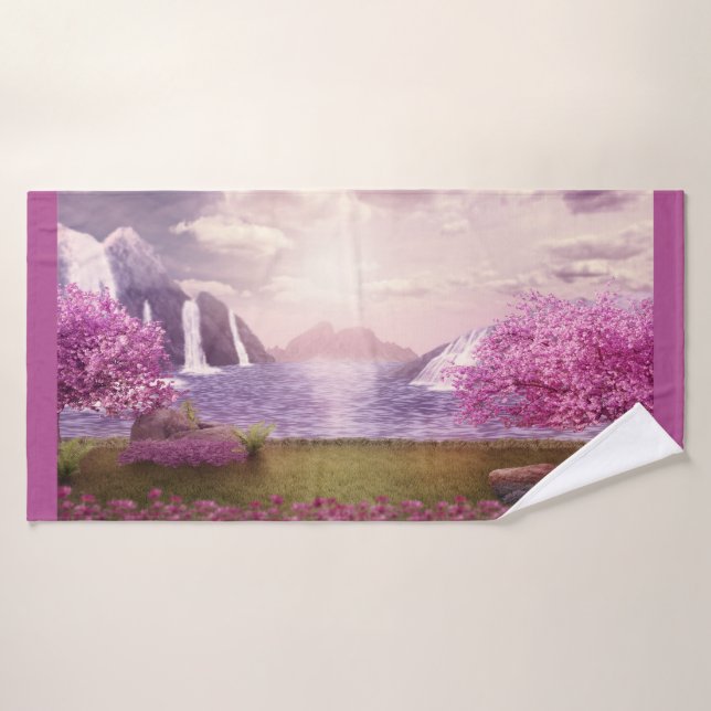 Cascades et cerisiers au bord d'un lac (Serviette de bain)
