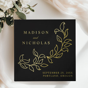 Cascading Black and Gold Foil Leaves Photo Wedding Guest Book