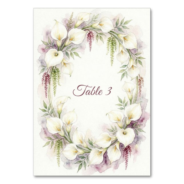 Cascading Calla Wedding Table Number Sign (Front)