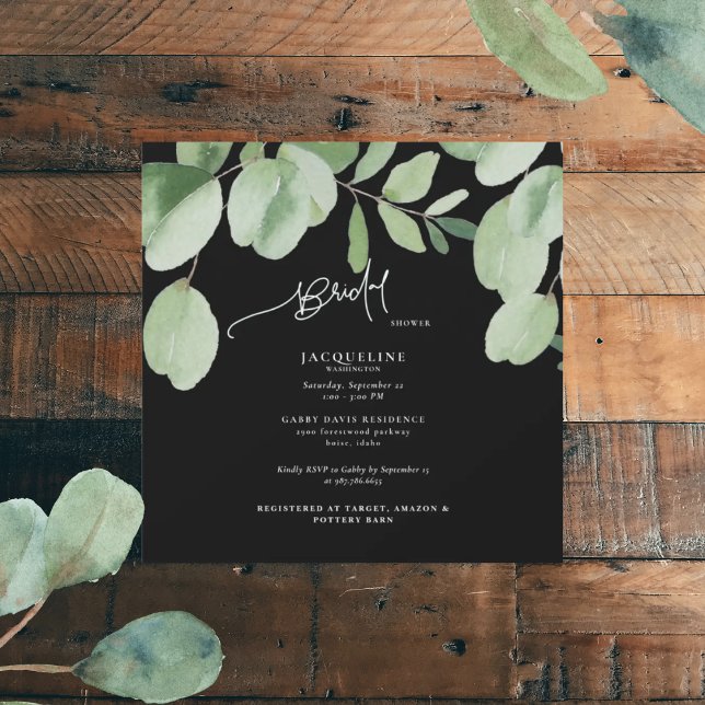 Cascading Eucalyptus Black Bridal Shower Square  Invitation (Creator Uploaded)
