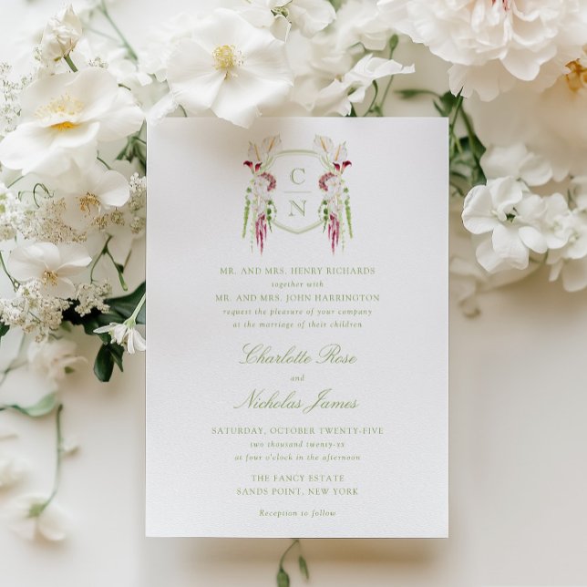 Cascading Floral Monogram Crest Wedding Invitation (Creator Uploaded)