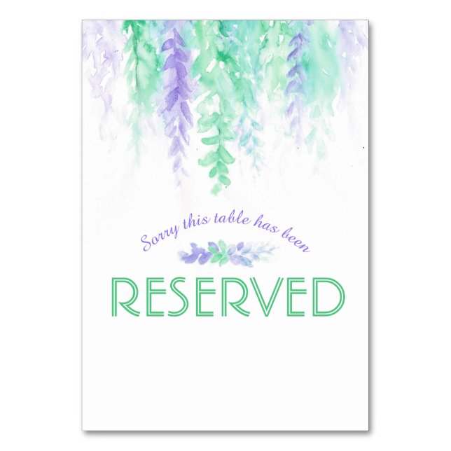 Cascading flowers purple green watercolor reserved table number (Back)