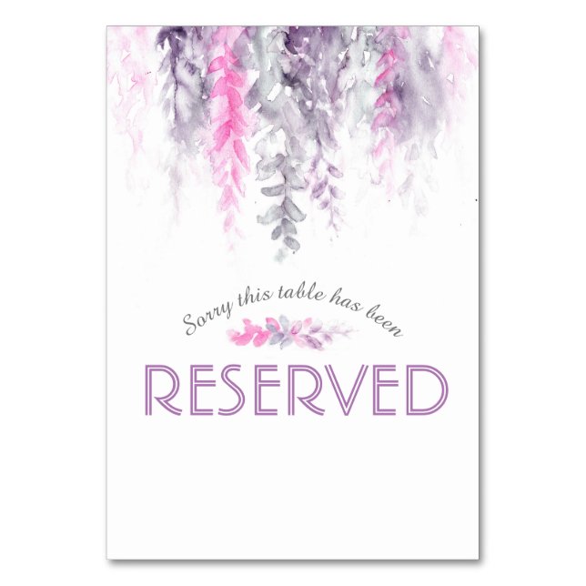 Cascading flowers purple pink watercolor reserved table number (Back)