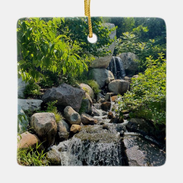 Cascading forest waterfall | forest greenery   ceramic ornament (Front)