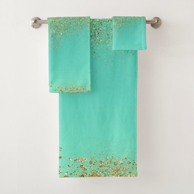 Cascading Gold Glitter & Teal Aqua Glam Modern Bath Towel Set (Insitu)